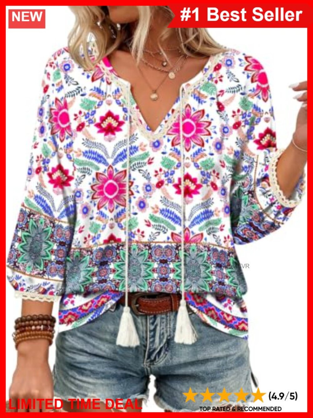 Cotton Blend Boho Floral V-Neck Tie Front Blouse 3/4 Sleeve